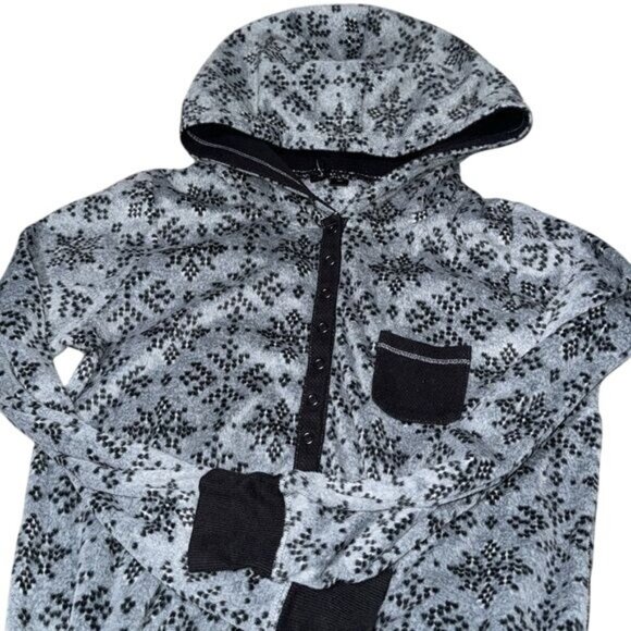 Womens XS Gray & Black Hooded One-Piece Pajama With Snowflake Print & Drawstring - Picture 2 of 10